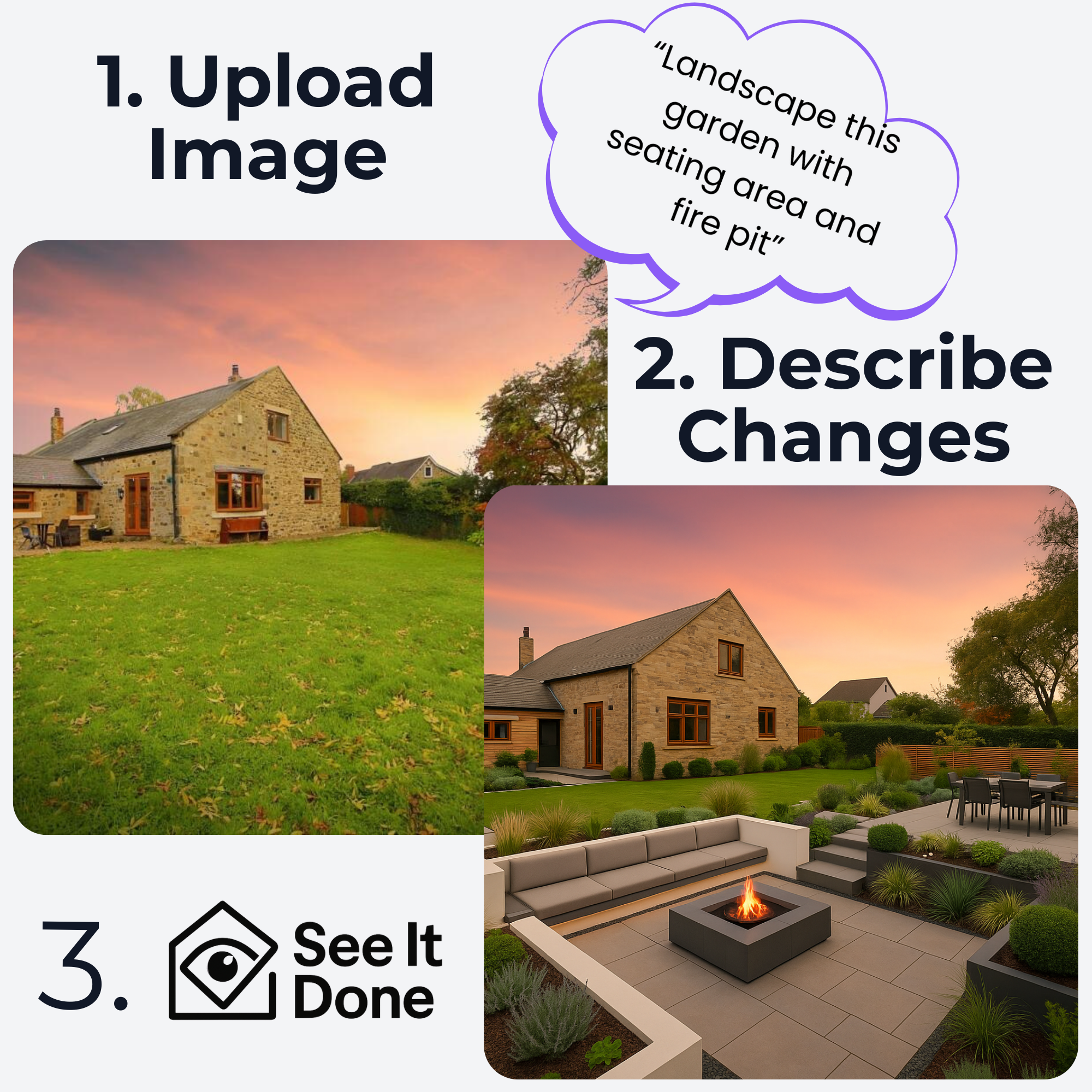 Outdoor living AI visualisation with fire pit and garden features